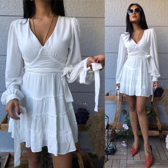 Sexy White Puff Sleeve Ruffles Mini Skater Dress - Picture 6 of 6